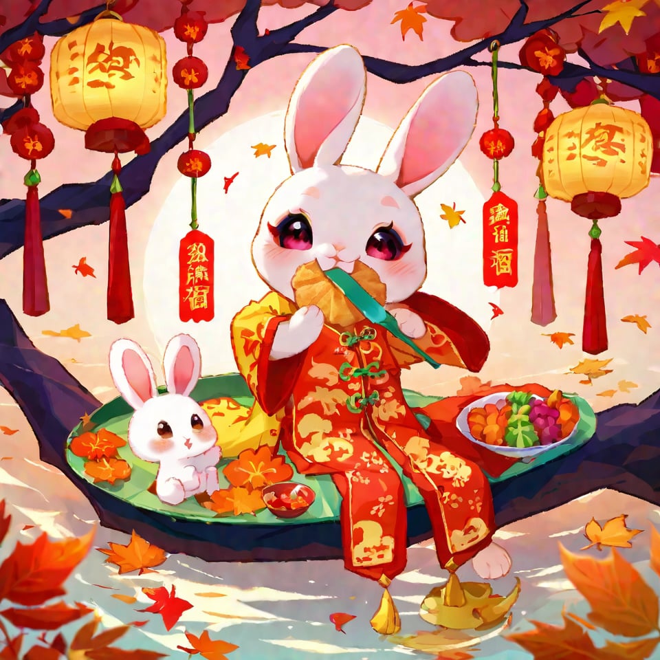 Mid-Autumn Festival ,in the style of water colour, illustration of cute rabbits admiring the moon and eating delicious mooncakes under an maple tree. Chinese translation: Moon Festival.