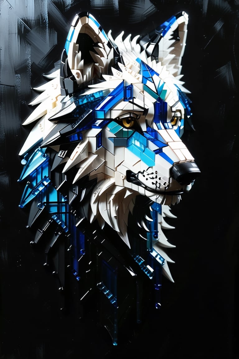 glass art, glass style,(best quality, masterpiece:1), furry male anthro legoshi wolf, solo, portrait,from side,blind folded,Dark , 