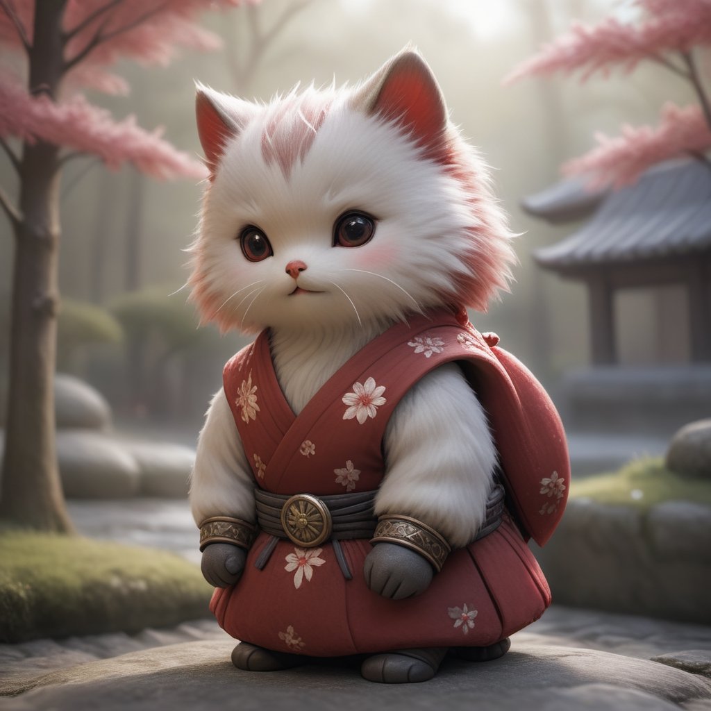 solo, long sleeves, outdoors, japanese clothes, kimono, gorgeous ornament, armor, no humans, depth of field, sakura background, japanese garden animal,cute kitten, big red eyes,japanese armor, animal focus, whiskers, clothed animal,soft light,kawaii,fat,realistic,8k,