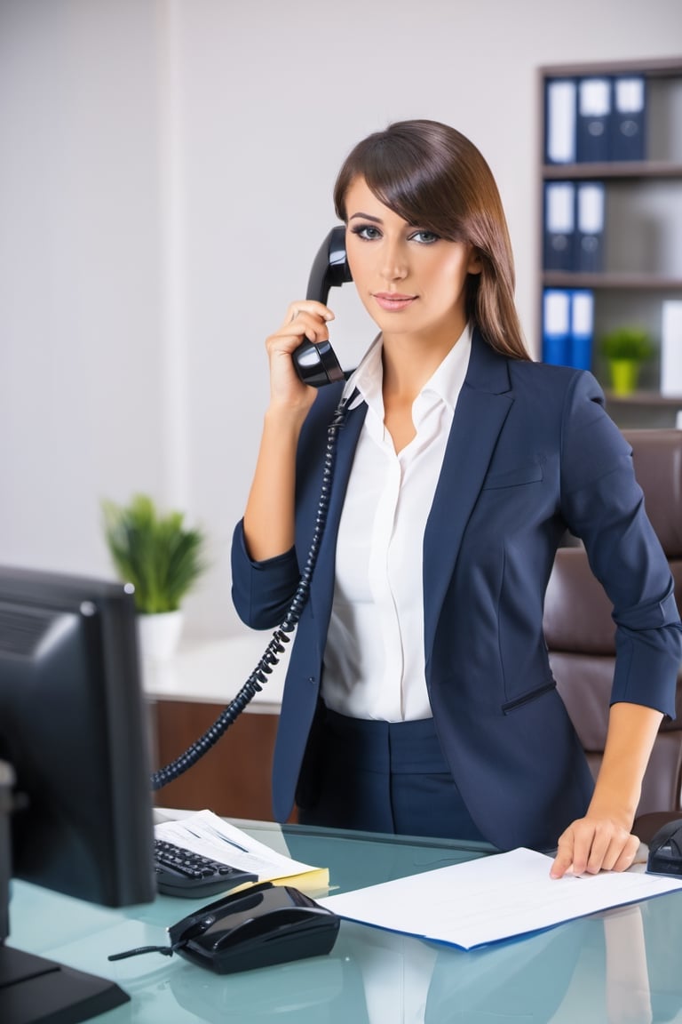 30 years old female secretary working in her office, answering the phone. caucasian woman,

revealing clothes, slender, tanned, attractive, asymmetric_bangs, long hair, stylish clothes, elegant, beautiful, busty, gorgeous, sexy, seducing, cleavage, ponytail