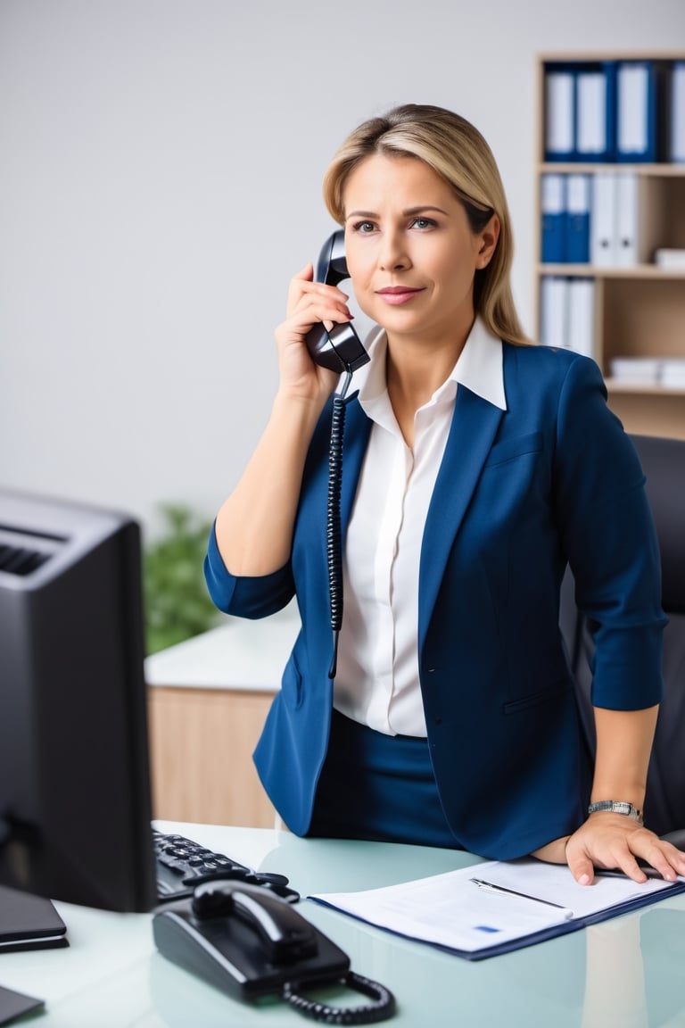 40 years old female secretary working in her office, answering the phone. caucasian woman,

Conservative dress, professional, flat chest, overweight, round face