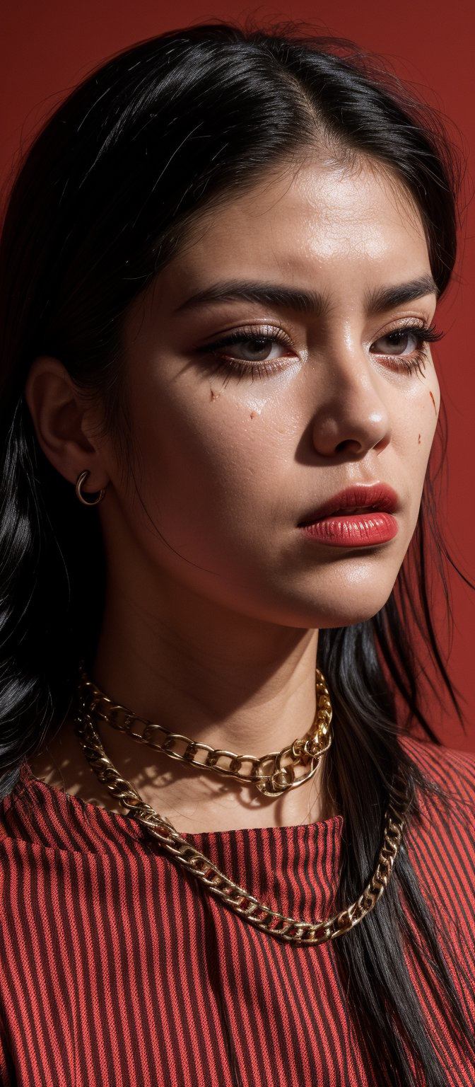 A gritty cowboy-inspired shot featuring a lone female prisoner, dressed in striped prison attire and adorned with jewelry. She stands tall, gazing directly at the viewer with a mix of defiance and vulnerability. Her long, wavy black hair is messy, framing her closed-mouthed expression. Dark sunglasses cover her eyes, adding to her tough exterior. A chain necklace glimmers around her neck, as her full lips remain pressed together. The red background casts a bold, fiery glow, contrasting with the somber tone of the prisoner's attire and expression. (cum on her face).