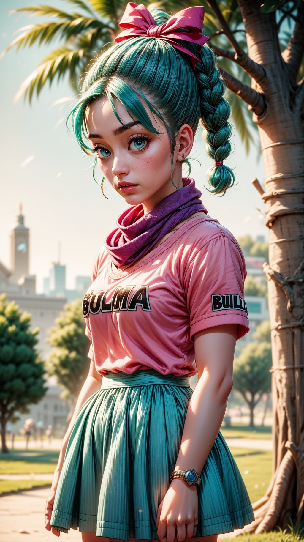 Girl, sexy girl, pink uniform, young face, light_eyes, light_blue_hair, bulma, trees in background, braid, purple scarf, pink skirt, pink shirt,Lisa,1 girl