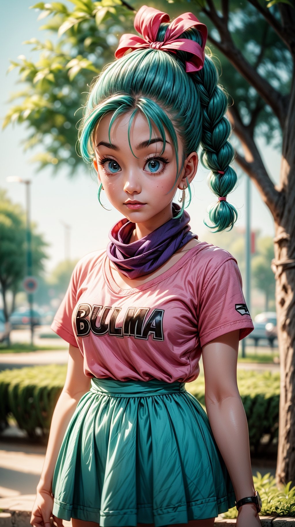 Girl, sexy girl, pink uniform, young face, light_eyes, light_blue_hair, bulma, trees in background, braid, purple scarf, pink skirt, pink shirt,Lisa,1 girl