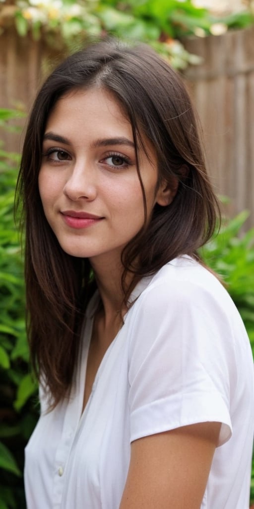  Create a realistic photo of beautiful young indian, 26 year old, woman tilting her head slightly, black long and messy hairs , hairs covering half face , black eyes , indian, some big eyes,some big eyelids , up close, stunning beauty , wearing shoulderless summer brown blouse, background of fancy backyard,some heavy cheeks, beautiful cheeks indian style, a little smile,big simple natura lips,