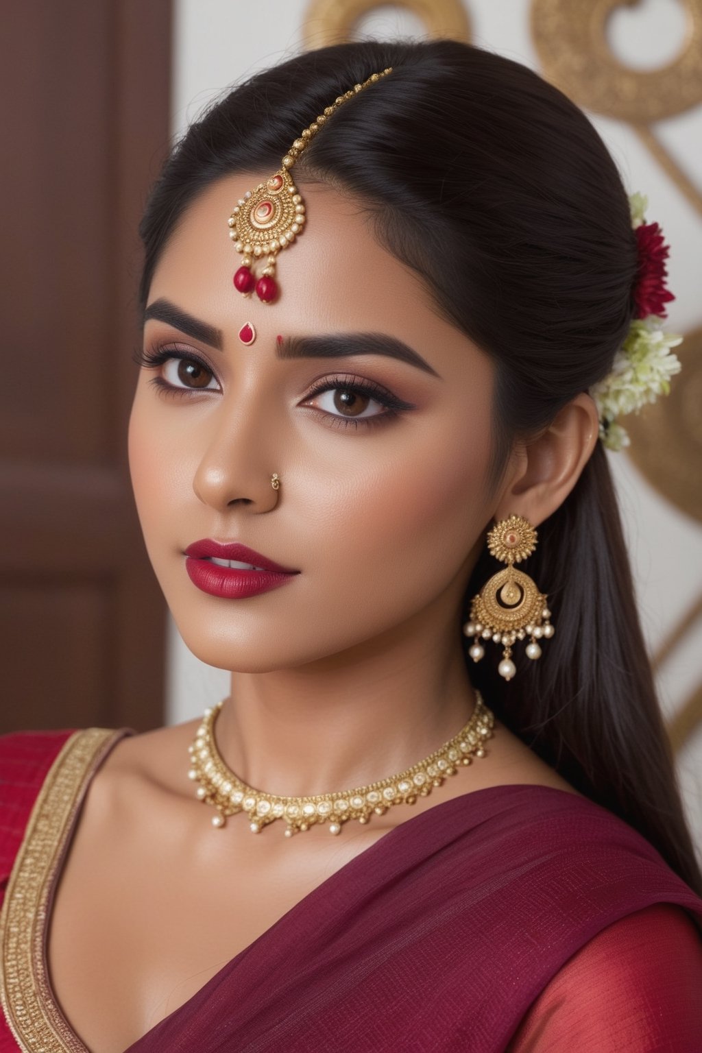 (8K, Raw-gif Photo, Top Quality, ​masterpiece: 1.1), 1girl, yound beautiful Indian girl, Indian white face without makeup, film, photography realism, smooth skin, ultra hd, 20 year old,proper breasts ,pretty face, attractive body shape, realistic ,1 girl, looking gorgeous, maroon color sheath full breasts covered, dupatta on head,looking viewers, one sided view, beautiful red lipstic, koka on nose, sitting on beautiful chair