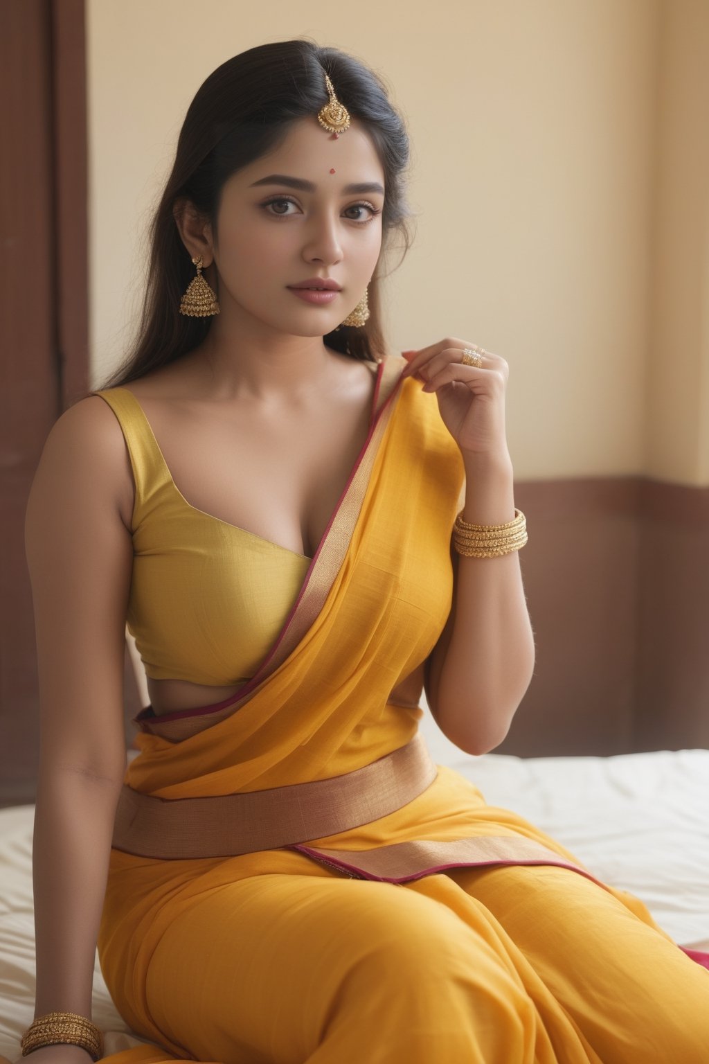 (8K, Raw-Photo, Top Quality, ​masterpiece: 1.1), 1girl, yound beautiful Indian girl, Indian white face without makeup, film, photography realism, smooth skin, ultra hd, 20 year old,proper breasts ,pretty face, attractive body shape, realistic ,1 girl, white sheath with blue jeans_dress , looking gorgeous,shot with Canon EOS R5, 85mm lens,full body view, super realistic, laid on bed on stomach,wearied yellow sheath, appears hips curvy, half boobs showing from saree,yellow blouse, ,beautiful black eyes, beautiful lips, laid on bed, bedroom, sunlight rays from window of the room, bedsheet yellow, feet, hands are upon her face, one side face , saree_dress ,ultra high definition image, full clarity,