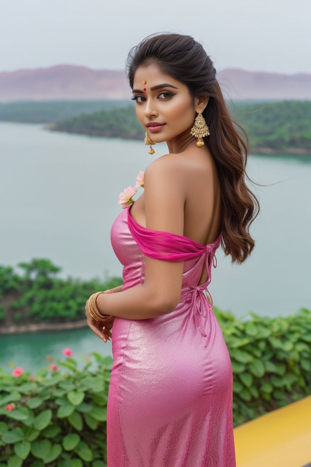 (8K, Raw-Photo, Top Quality, ​masterpiece: 1.1), 1girl, yound beautiful Indian girl, Indian white face without makeup, film, photography realism, smooth skin, ultra hd, 20 year old,proper breasts ,pretty face, attractive body shape,shoes, realistic ,1 girl,pink,flower design long sheath_dress, looking gorgeous,yellow flowers, pajami_dress, hand touching own hairs, looking down,dress_yellow, stands on flyover way, lake with water dynamic view, street lights,