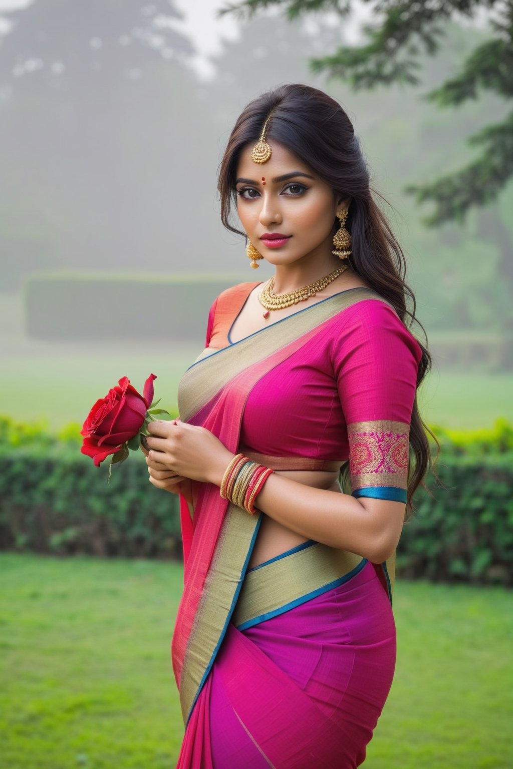 (8K, Raw-Photo, Top Quality, ​masterpiece: 1.1), 1girl, yound beautiful Indian girl, Indian white face without makeup, film, photography realism, smooth skin, ultra hd, 20 year old,proper breasts ,pretty face, attractive body shape, realistic ,1 girl,design long light pink color check design saree_dress, looking gorgeous,in a foggy garden, green grass, red roses flowers in the park, smelling one rose which is in her hand,