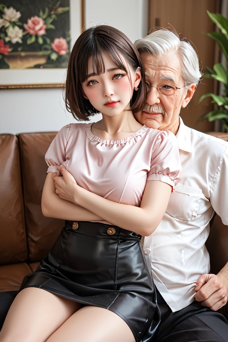 a girl aged 18-Year-Old sitting on grandpa's lap at black leather sofa, Chinese skin tone, dark brown eyes, pink short hair, detailed hair, shy face, It has a natural beauty, looking at viewer, wearing Elderly caregiver uniform, white shirt short sleeves, no stripes or prints, tight shirt, s*ductive, blushing face, she height 165cm, weight 40kg, BREAK, and a fat grandpa aged 60 grabbing a girl's waist, girl rolling eyes up, sitting in dining room, inside the luxurious hotel background, detailed background, stunning image, cinematic beautiful studio soft light, still photography in the style of a detailed hyperrealism photo shoot.,sitting on lap, score_9,score_8_up,score_7_up,source_real,
