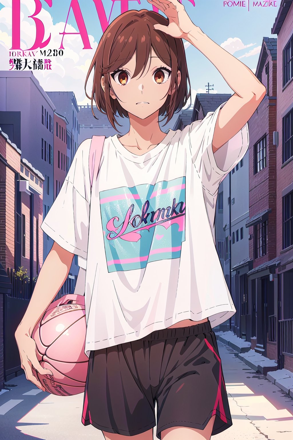 horimiya_hori,1girl ,brown eyes,
cheekbone bob hairstyle,magazine cover,modeling pose, foreground, oversized sports t-shirt, sports shorts, dominant, pov_eye_contact, Approaching,BimboMakeup