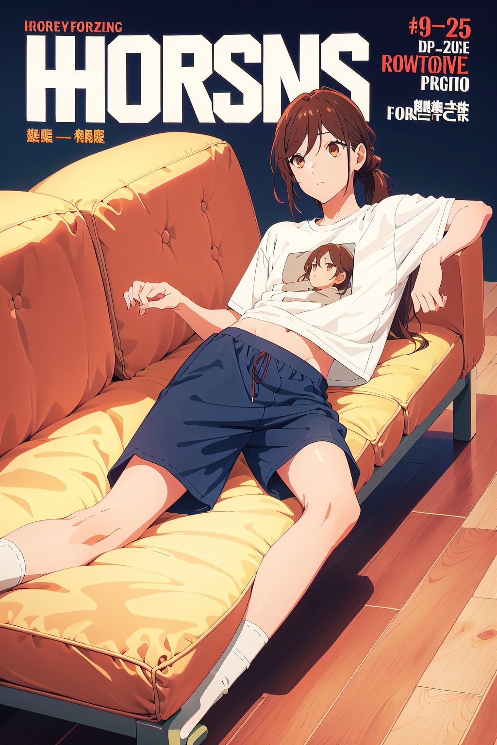 1girl,horimiya_hori, brown eyes,
vintage long hairstyle,magazine cover,modeling pose, side view, lying up, face up, full_body, sofa,sports t-shirt, sports shorts