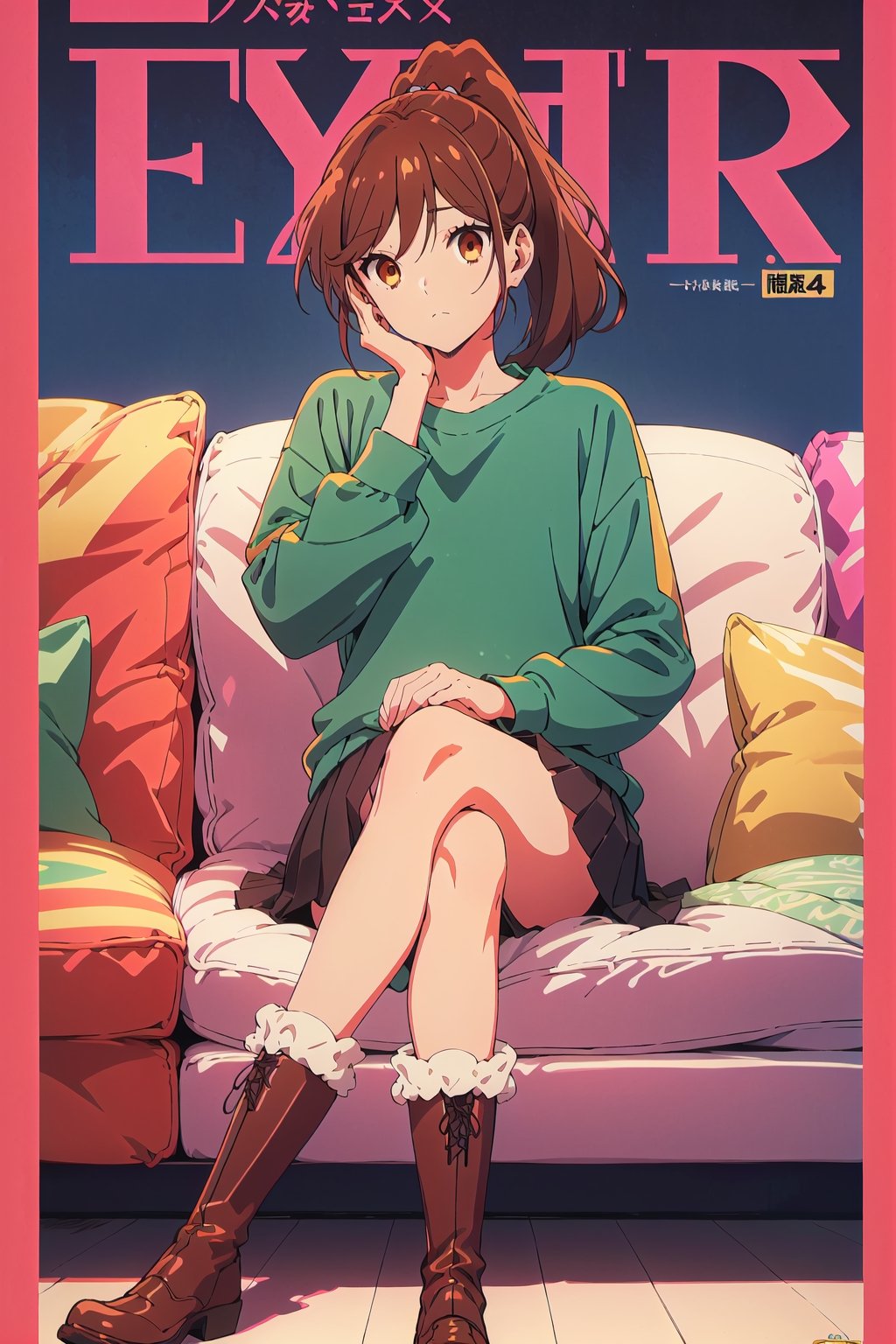 horimiya_hori,1girl ,brown eyes,
ponytail,magazine cover,modeling pose, foreground,oversized sweatshirt tucked under skirt,tight skirt,vintage boots,leg warmers,sitting,pov_eye_contact,crossed legs,sofa,
hand on face,puffed sleeves,Retro