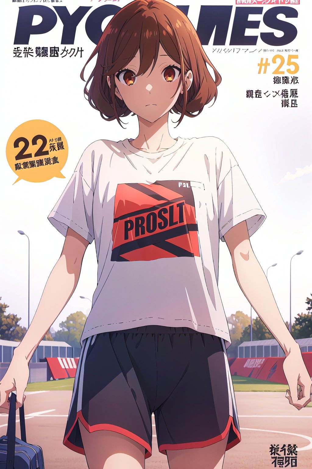 horimiya_hori,1girl ,brown eyes,
curly hairstyle,magazine cover,modeling pose, foreground, oversized sports t-shirt, sports shorts, dominant, pov_eye_contact, 