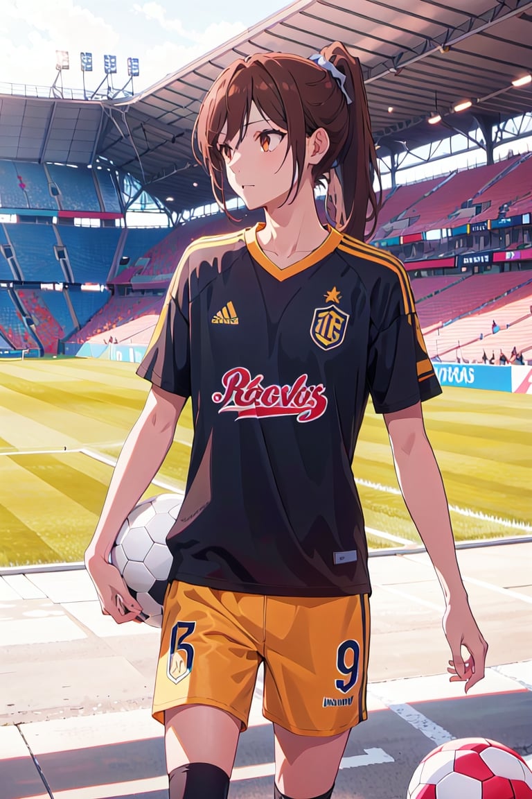 1girl,25 years old,ponytail, brown eyes, brown hair, sport shirt, soccer short, stadium