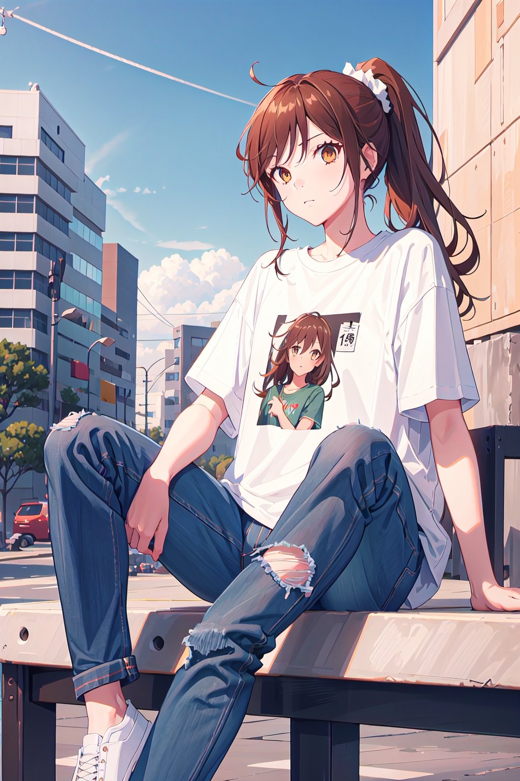 1girl,hori kyouko, brown_eyes, brown_hair, ponytail, baggy jeans, t-shirt, sitting,  
defiant look at the viewer, photoshoot, serious, model, studio