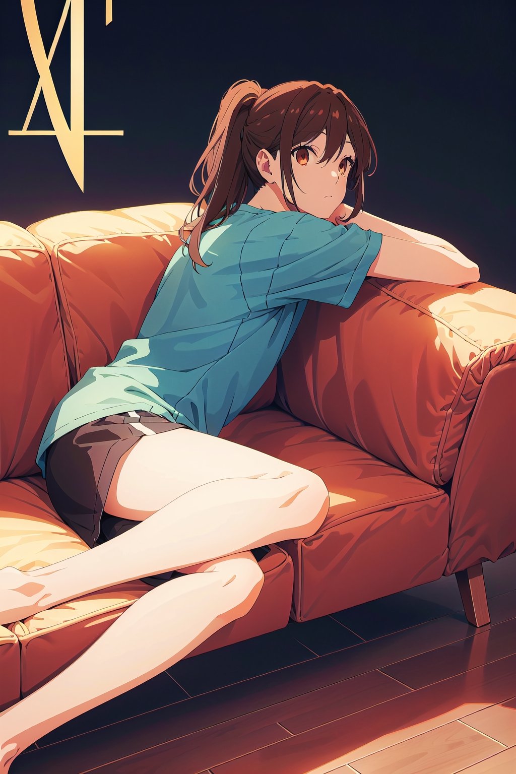 1girl,horimiya_hori, brown eyes,
vintage long hairstyle,magazine cover,modeling pose, side view, lying down, full_body from side, sofa,sports t-shirt