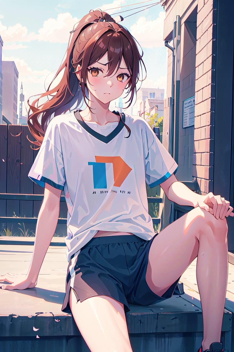 1girl,hori kyouko, brown_eyes, brown_hair, ponytail, seducing, sport t-shirt, sport shorts, defiant look at the viewer, sitting, 