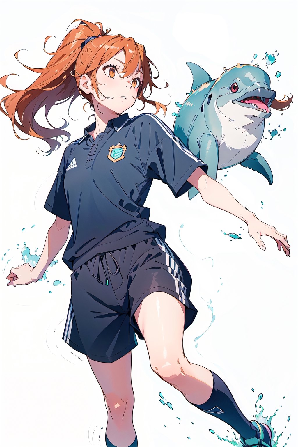 manga, 1girl, solo female, 20 years old,mature, long hair, ponytail,soccer clothing,dolphin short,short t-shirt, playing soccer, jumoing, park, playing,hori kyouko,full_body,watercolor, no_color, photoshoot, model,,lineart,rough sketch,RGB, mature_female,chromatic aberration, white_background, simple shadows