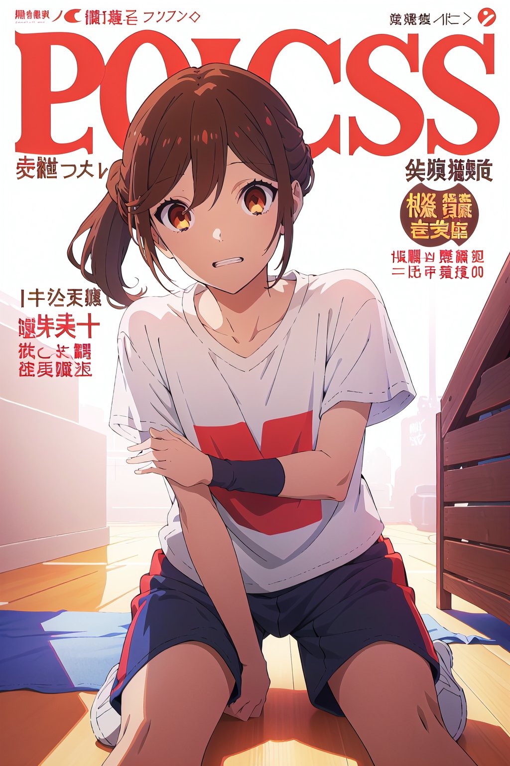 horimiya_hori,1girl ,brown eyes,
two ponytails hairstyle,magazine cover,modeling pose, foreground, oversized sports t-shirt, sports shorts, dominant, pov_eye_contact, 