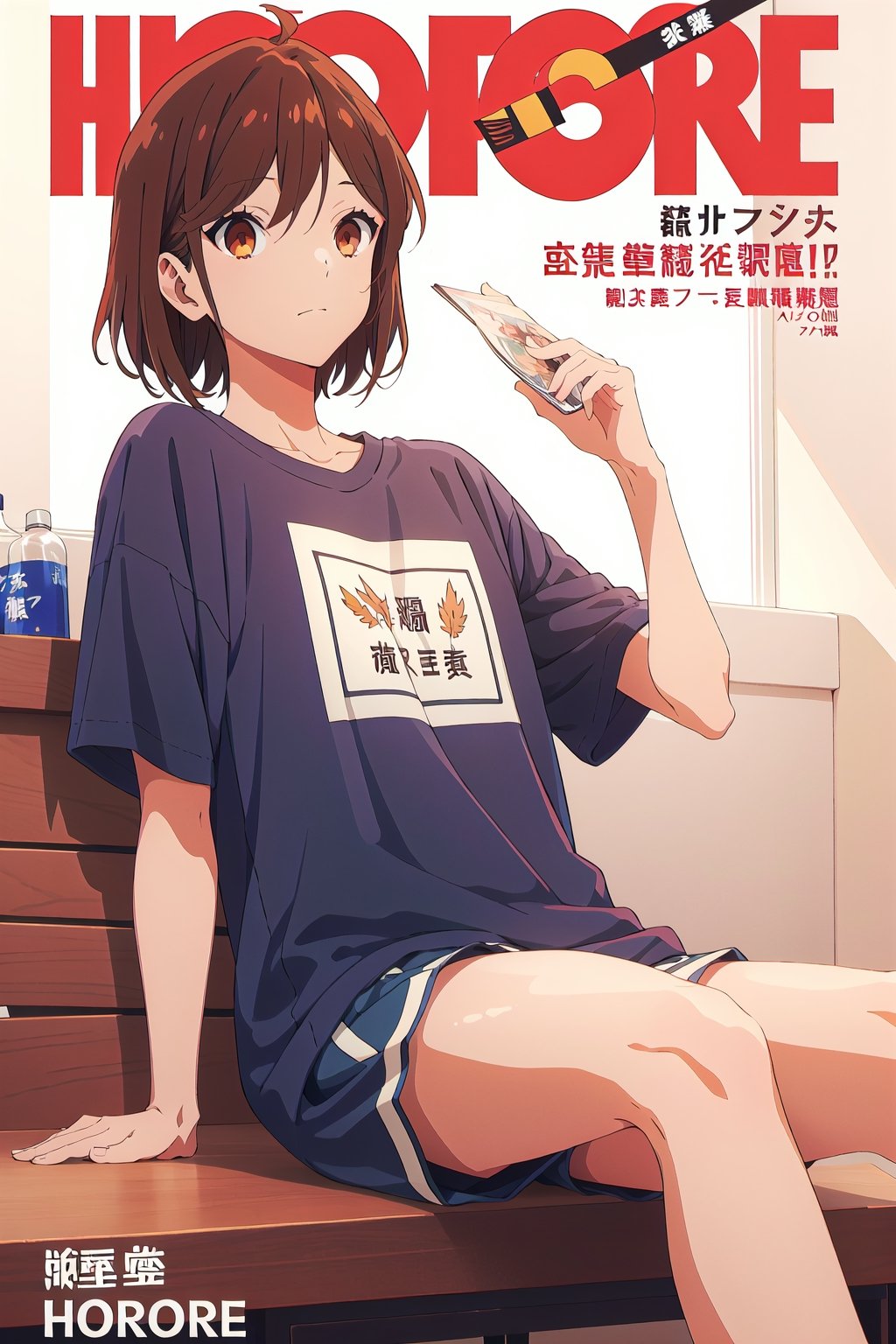 horimiya_hori,1girl ,brown eyes,
wavy medium haircut,magazine cover,modeling pose, foreground,vintage bar, sitting, oversized sports t-shirt, sports shorts, dominant