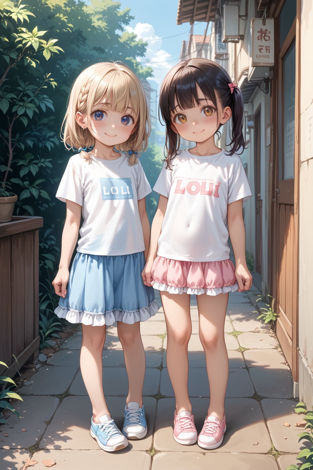 highres,score_9,score_8_up,score_7_up,source_real,rating_explicit,BREAK, looking at viewer, (loli:1.5),2girls,shy smile,full body , frills skirt, t-shirt,standing, outdoors,torino