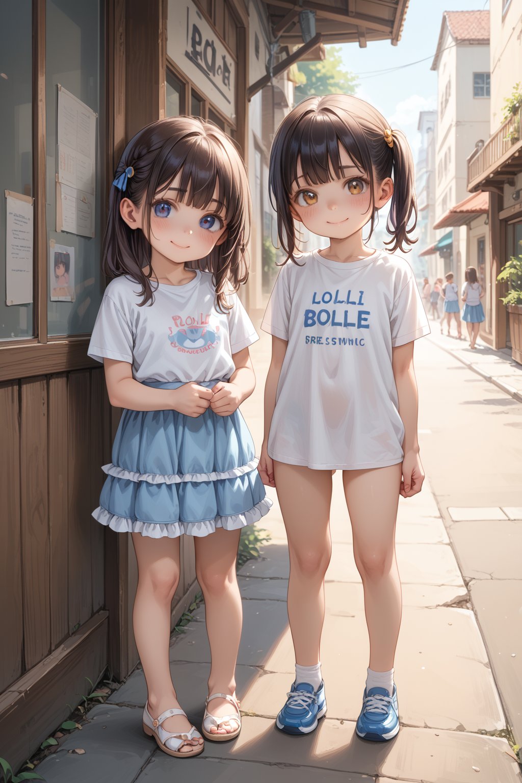 highres,score_9,score_8_up,score_7_up,source_real,rating_explicit,BREAK, looking at viewer, (loli:1.5),2girls,shy smile,full body , frills skirt, t-shirt,standing, outdoors,torino