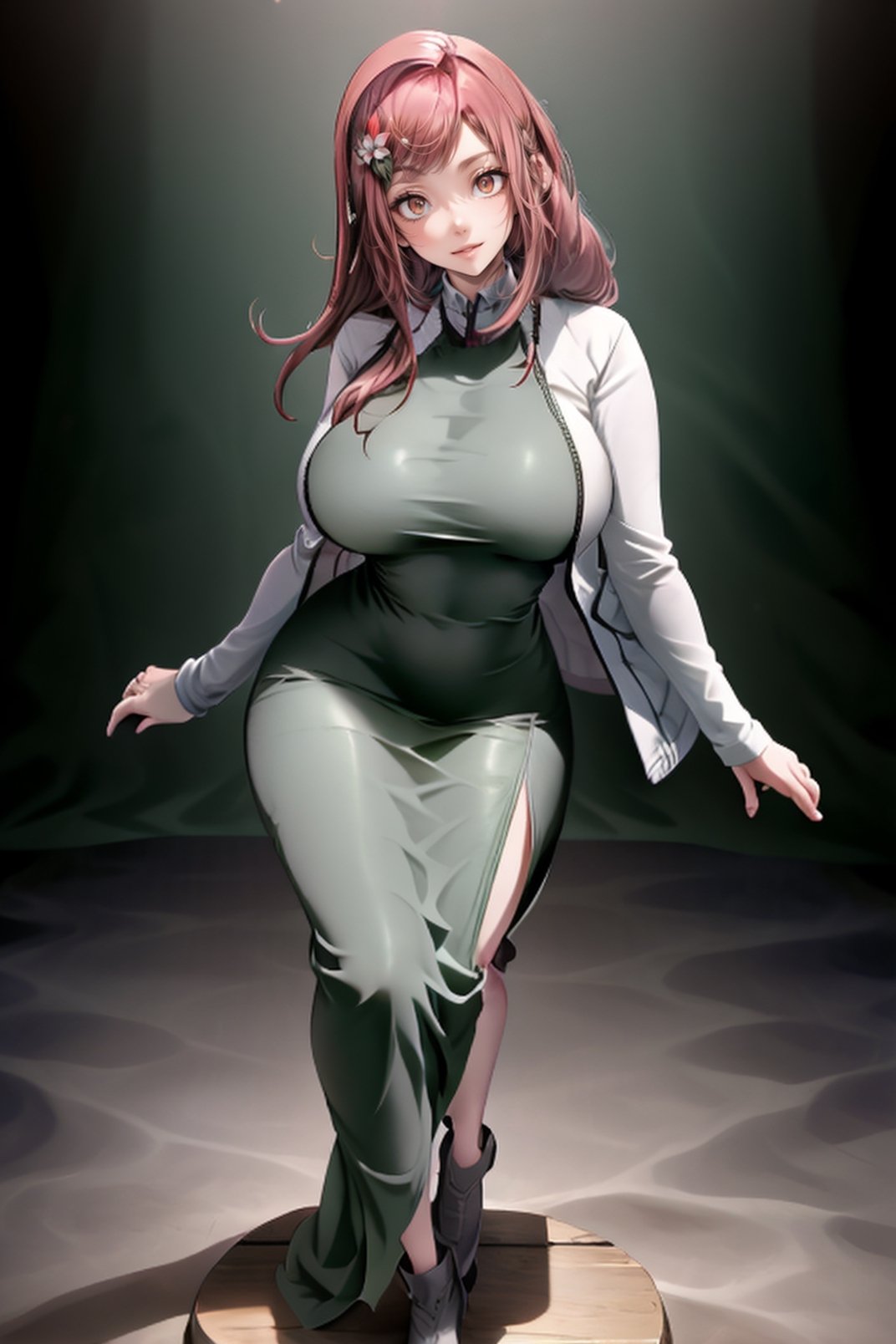 (masterpiece, best quality), intricate details, curvy_figure, beautiful girl, Kushina_NS, hairclip, white skin, light grey eyes, sharp jawline, cropped jacket, smirk,Kushina_NS, full body imagen, perfect face, mini Green drees.