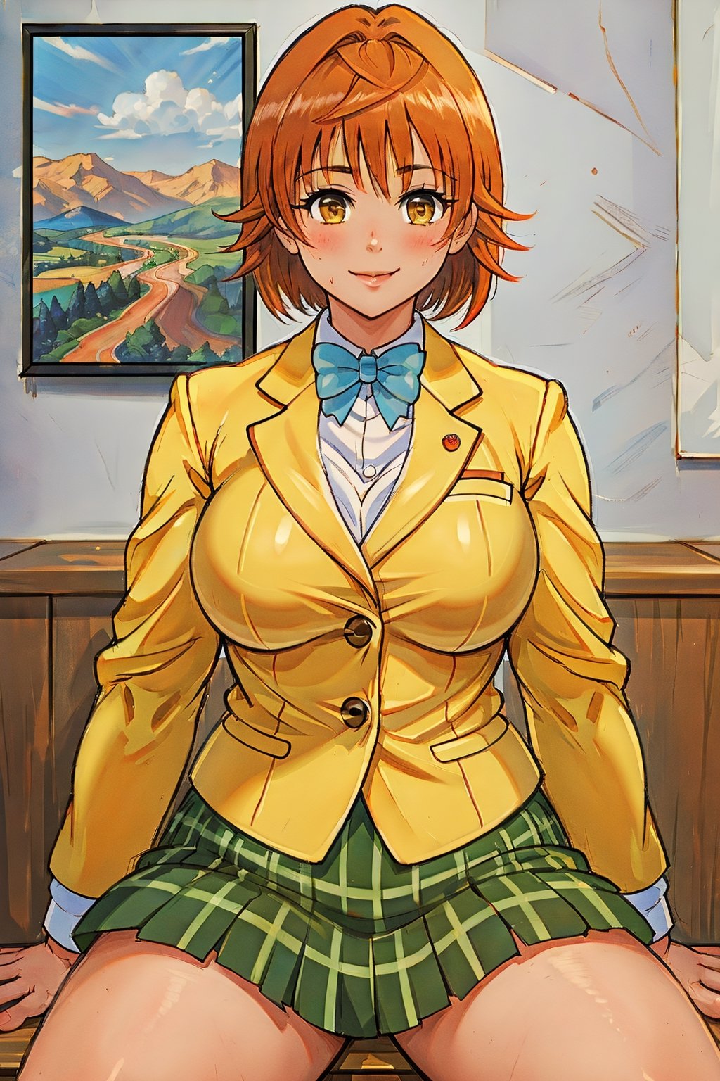 masterpiece, best quality, highres, aariko, short hair, brown eyes, school uniform, blue bowtie, blazer, yellow jacket, long sleeves, plaid skirt, green skirt, , field, wariza, sitting,aariko, (perfect hands, perfect anatomy), ( shiny oil skin:0.9), curved body, dynamic sexy pose, sexy body, (big breast:0.9), 9 head length body, (looking at viewer:1.5), cowboy_shot, from_below