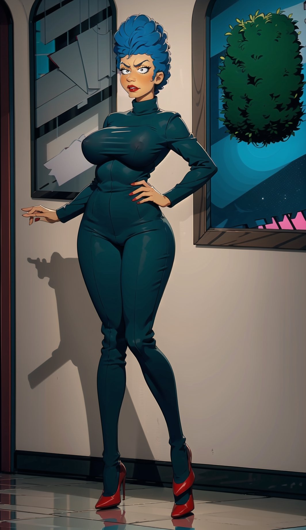 (ultra-detailed) (Fullbody: 1.2), 1girl,firm boobs,huge lips,lipstick,long legs, short hair,thick_legs, (red lipstick), small feet,office, angry, (black highheel pumps),1 girl, nightclub backround,b1mb0,grey office pants suit, white turtleneck,
grey open_blazer, bishoujo,