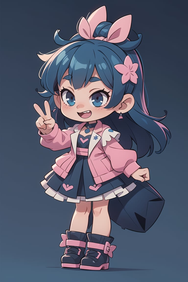 score_9_up,score_8_up, source_anime, a gothic pastel girl, dark blue hair, full body, chibi, very happy, goth, pastel, pink, black, royal blue background, peace signing