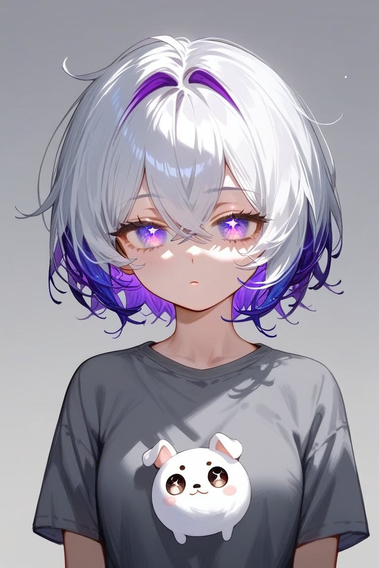 score_9_up,score_8_up, source_anime, 1girl,white hair and purple highlights ,short hair,crossed bangs,grey shirt,,narrowed eyes, puppy eyes, amazed face, galaxy eyes