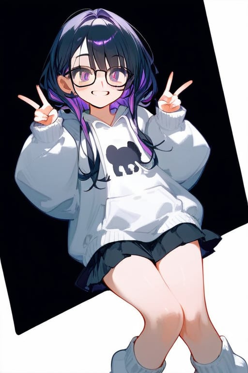 score_9_up,score_8_up, source_anime, 1girl, black hair, purple highlights, white leg warmers, big hoodie, eye_narrowed, big smile, showing teeth, black skirt, bulky glasses, peace signing