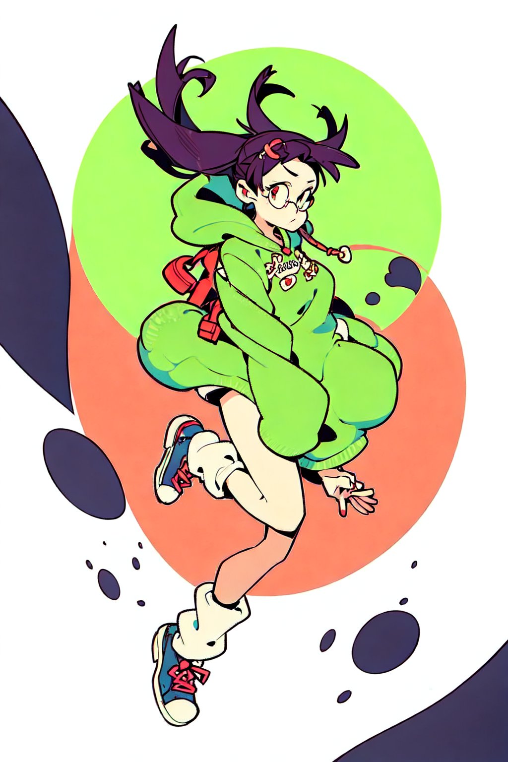 1 girl, 2D, dynamic, black hair, white leg warmers, big hoodie, bulky glasses, green hoodie