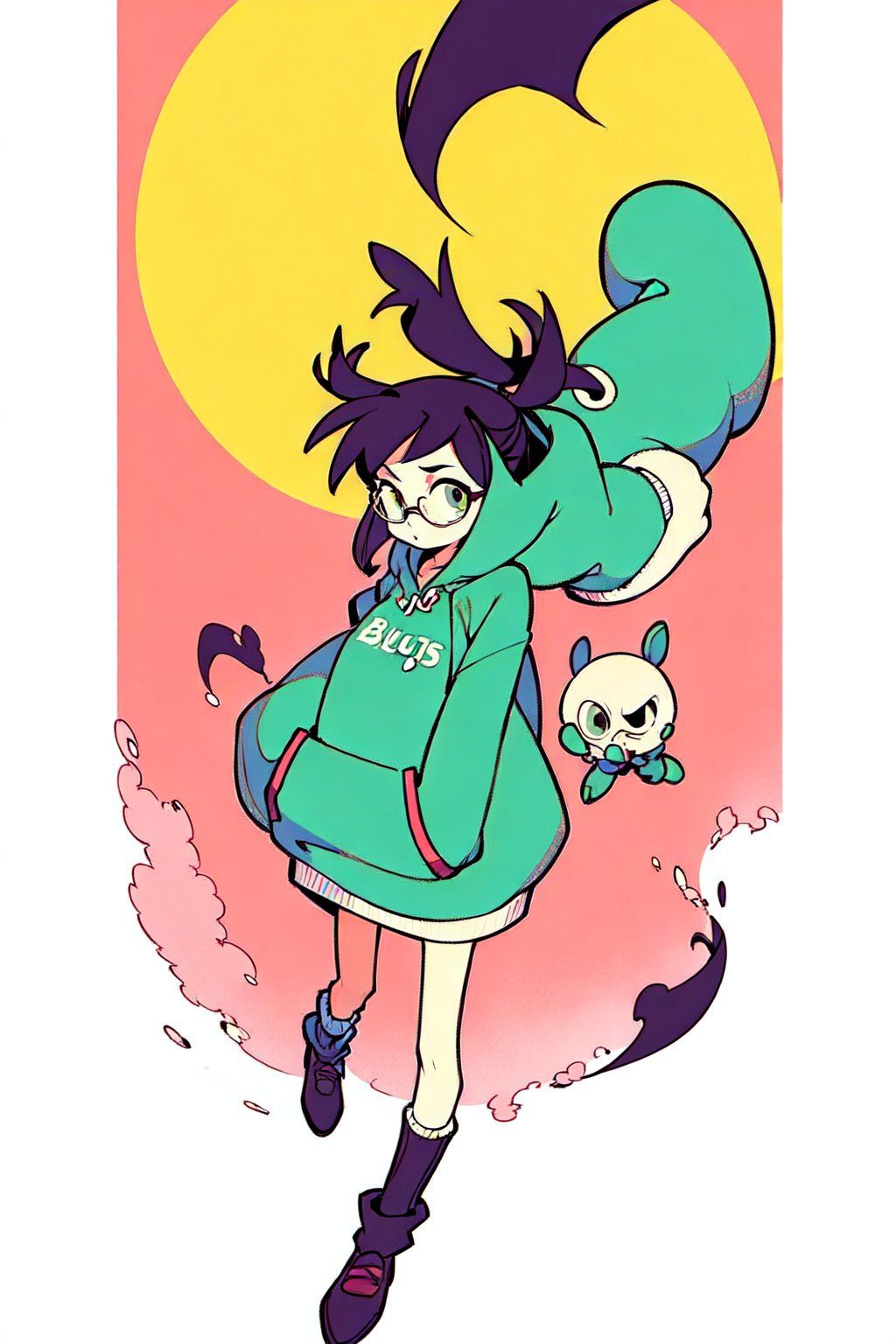 1 girl, 2D, dynamic, black hair, white leg warmers, big hoodie, bulky glasses, green hoodie