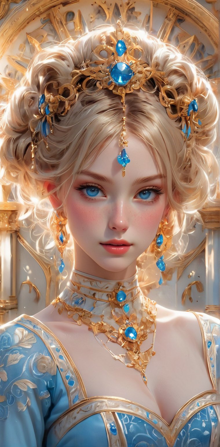 A young woman with long blonde hair and a single hair bun,  adorned with a sparkling blue gemstone and gold trim,  gazes s...
