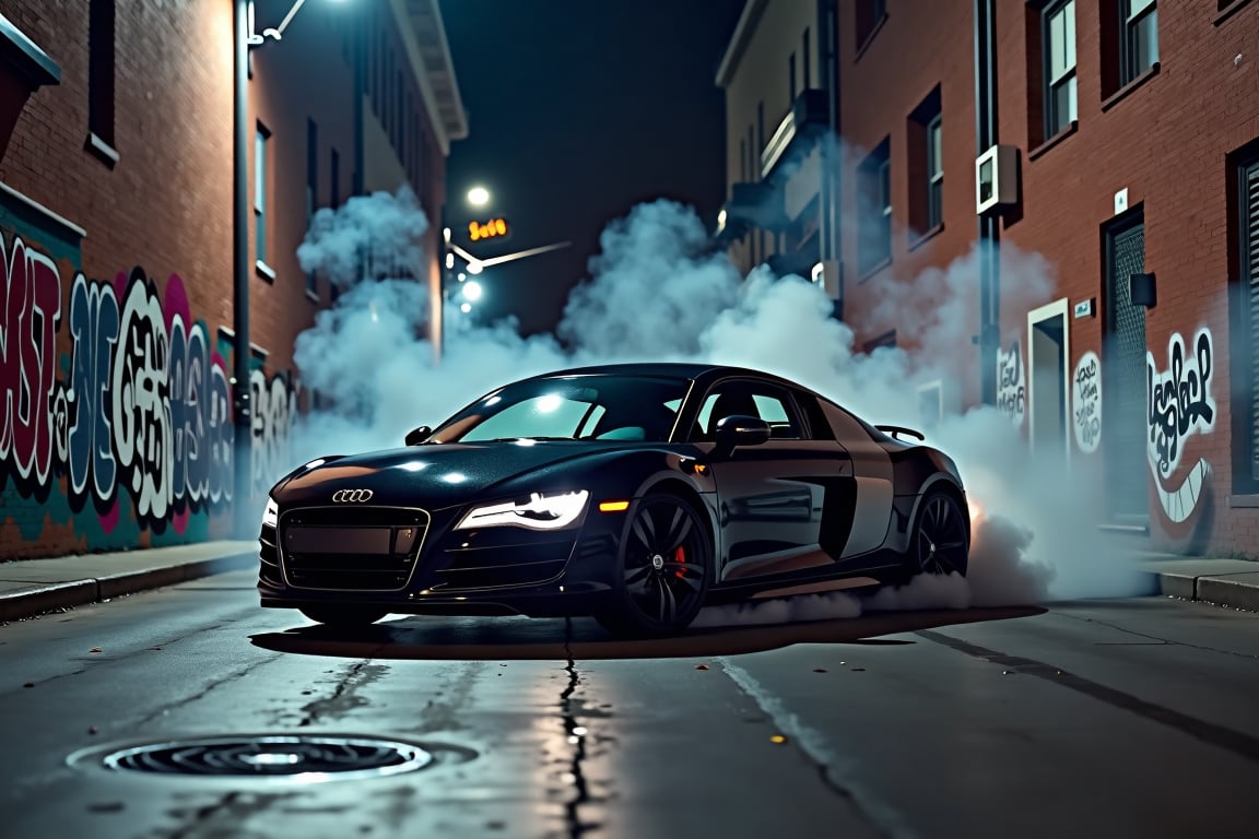 A black Audi R8 drifting through a dimly lit urban alley, with graffiti-covered walls and streetlights casting a glow. The car is in a perfect slide, with smoke from the tires filling the alley