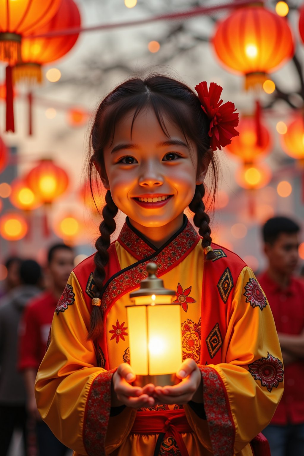 Create an image of a girl during a festival of lights, surrounded by colorful lanterns and paper decorations. She wears a traditional costume and holds a small, glowing lantern, her face illuminated by the soft, warm light. The festive atmosphere and the joy in her eyes bring a sense of celebration and community to the scene.