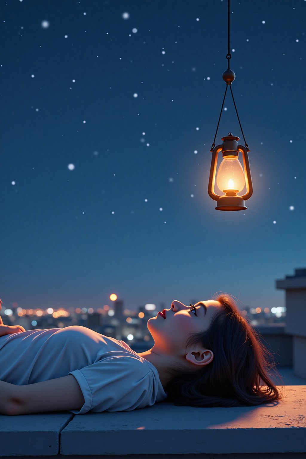 Imagine a girl lying on a rooftop at dusk, looking up at the starry sky. The city lights twinkle below, and a single, lit lantern floats above her, casting a warm, ambient glow. Her expression is one of wonder and peace, as if she is in her own private universe.