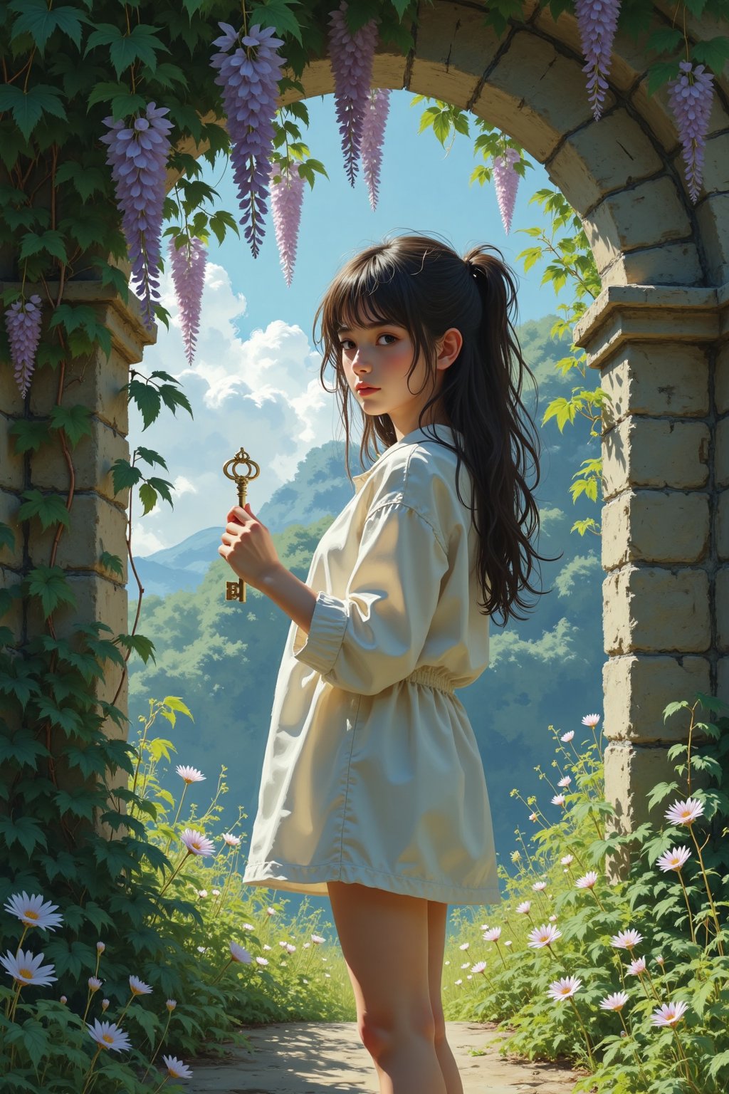 Envision a girl standing in a hidden garden, surrounded by lush, overgrown vegetation. Wisteria vines drape from old archways, and delicate flowers bloom at her feet. She holds a small, antique key, her expression hinting at the mysteries that lie within the garden's walls.,in the style of CNSTLL