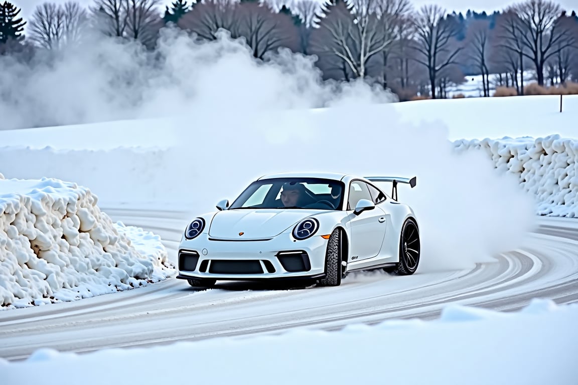 A white Porsche 911 GT3 drifting on a snow-covered road, with snow banks on either side and a winter landscape in the background. The car is leaving a trail of snow and smoke as it slides through the turn