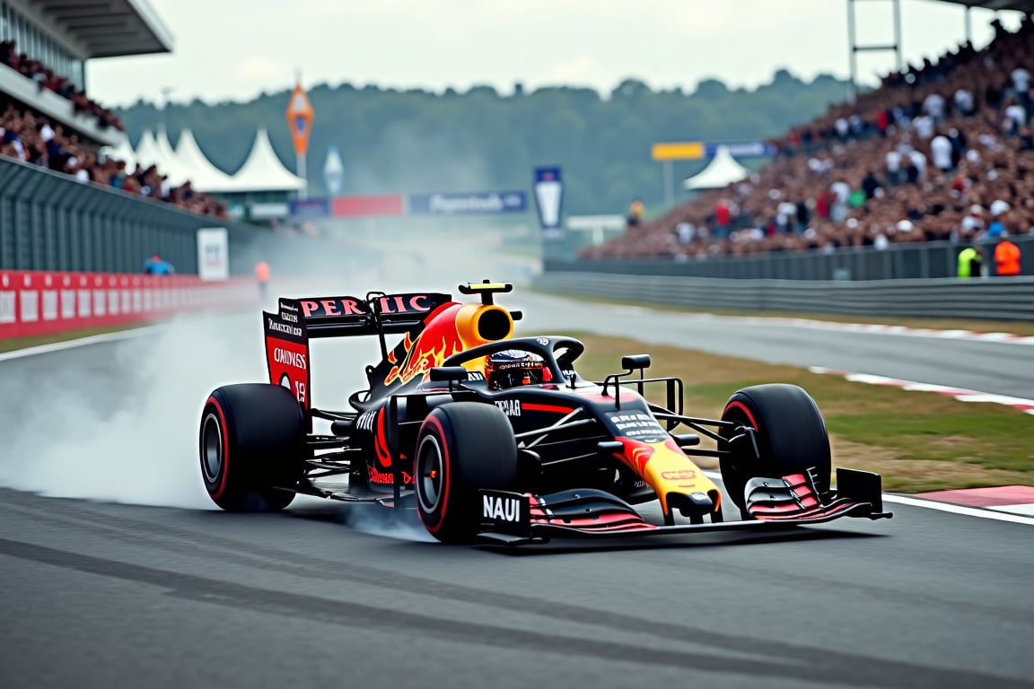 A Formula 1 car in racing livery, speeding through a turn on a Formula 1 track, with spectators and grandstands in the background