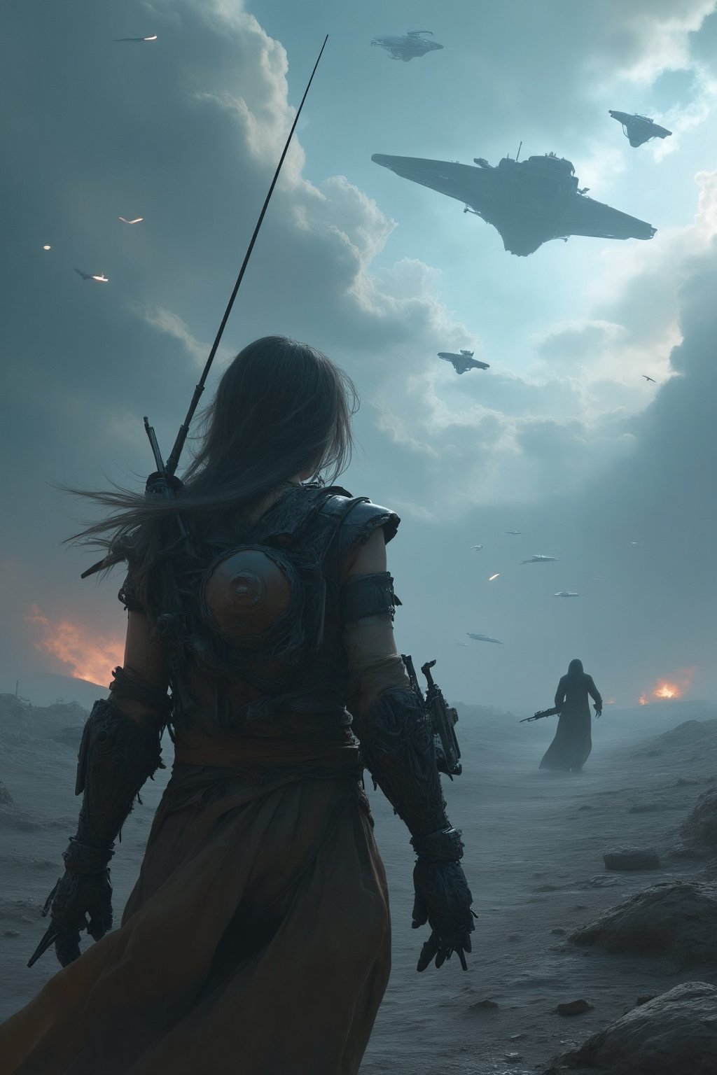 8K, UHD, wide perspective view, photo-realistic, cinematic, young female warrior, humvee with machineguns shooting down many alien spaceships in sky, alien mothership, missile fires with white trail, walks suavely, dark fantasy landscape, worn-out leather outfit, long hair billowing in the wind, dynamic posture, many soldiers shooting into sky, intricate details, ver dark skies with minimal skylight, masterpiece,xxmixgirl,in the style of CNSTLL