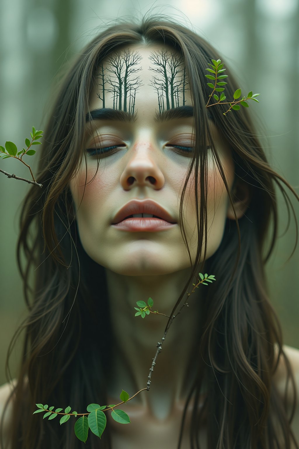 A portrait of a woman with her eyes closed, blended with a forest landscape. Trees and leaves are visible through her hair and around her face, creating a dreamlike, nature-infused image