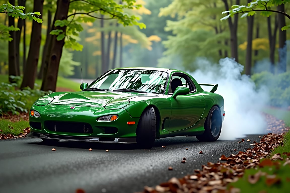 A green Mazda RX-7 drifting through a forest trail, with trees on either side of the road and a canopy of leaves overhead. The car is leaving a trail of smoke as it slides through the turn.,in the style of CNSTLL