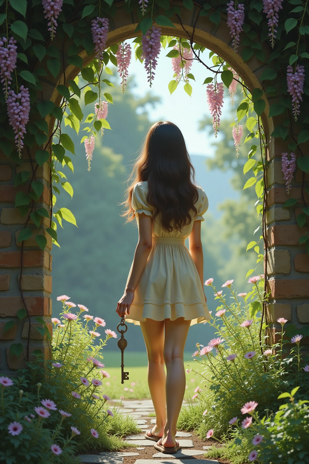 Envision a girl standing in a hidden garden, surrounded by lush, overgrown vegetation. Wisteria vines drape from old archways, and delicate flowers bloom at her feet. She holds a small, antique key, her expression hinting at the mysteries that lie within the garden's walls.,in the style of CNSTLL