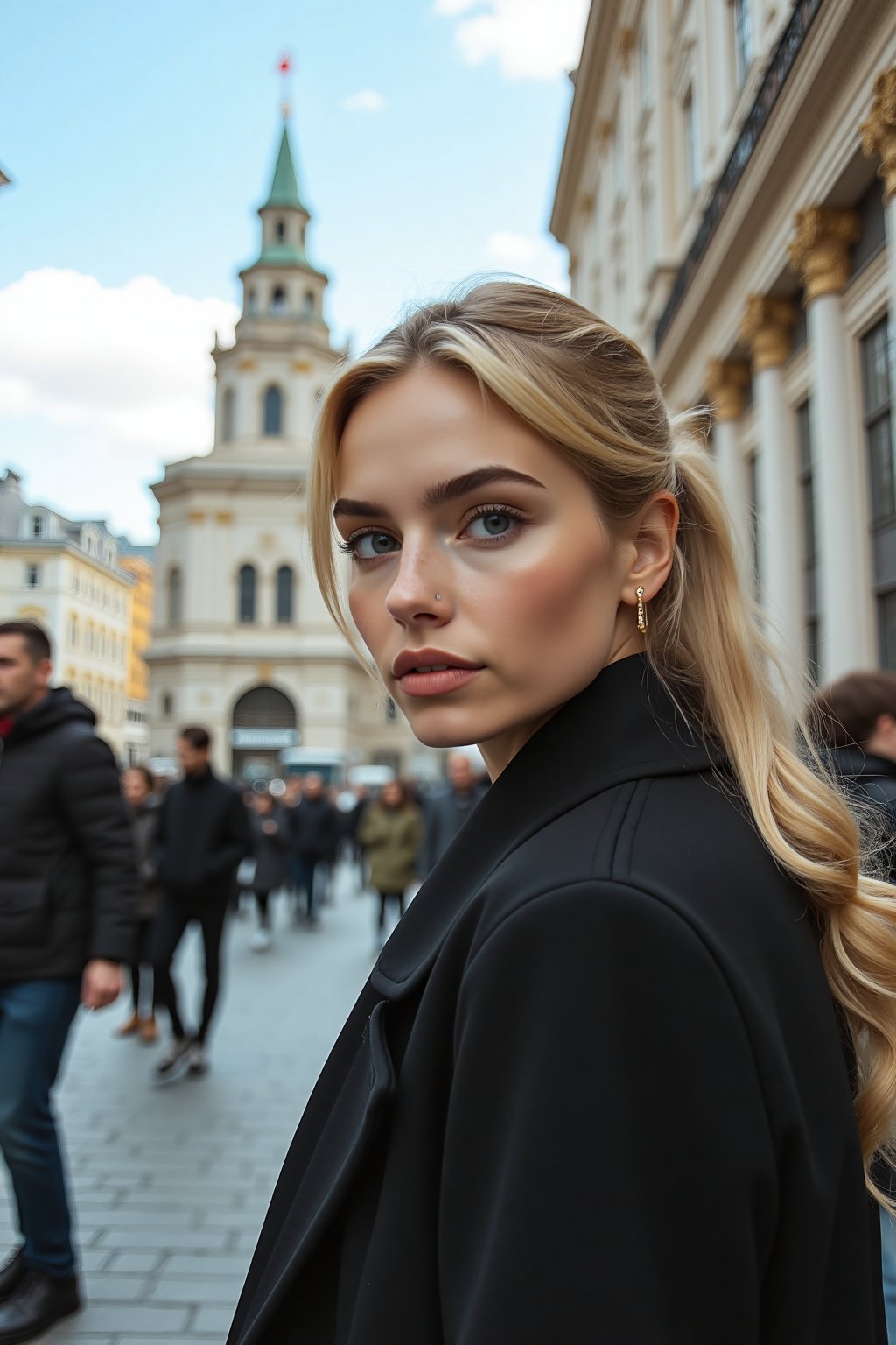 A confident blonde woman with piercing blue eyes and a chic ponytail confidently walks through the vibrant streets of Moscow, close up ,radiating sophistication and independence. Dressed in elegant attire, she captivates onlookers with her alluring presence. This cinematic GoPro photograph freezes her in motion, her graceful stride harmonizing with the backdrop of iconic landmarks and bustling city life. Amidst the urban chaos, she exudes poise and confidence, embodying modern elegance against the historic charm of Moscow's cityscape. 