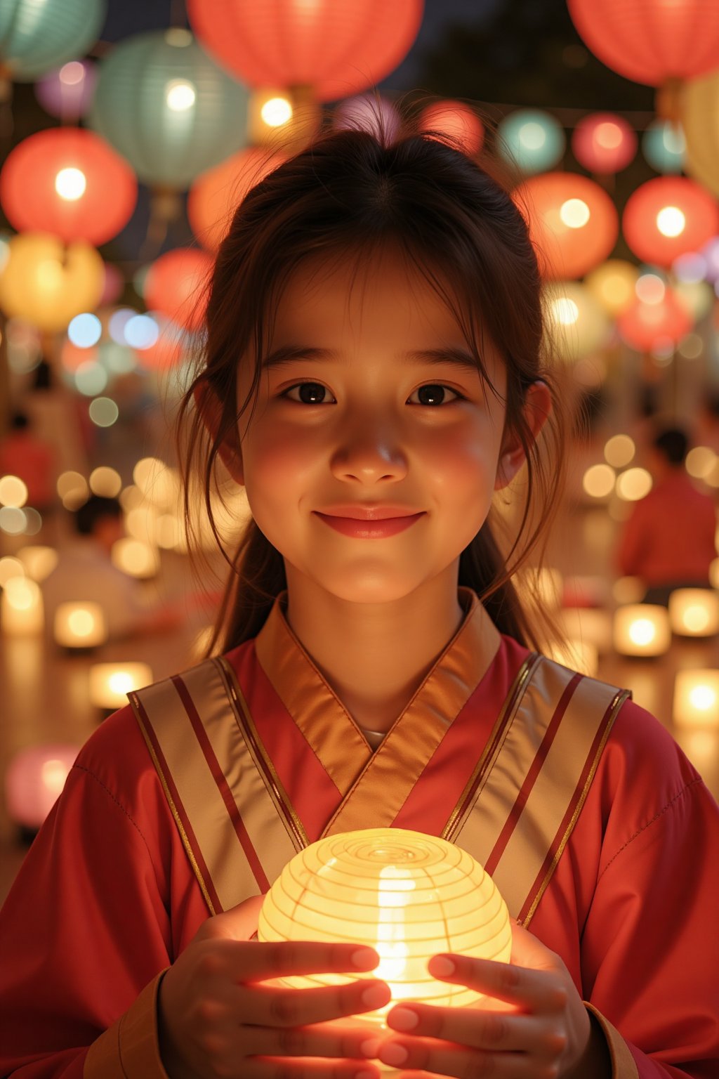 Create an image of a girl during a festival of lights, surrounded by colorful lanterns and paper decorations. She wears a traditional costume and holds a small, glowing lantern, her face illuminated by the soft, warm light. The festive atmosphere and the joy in her eyes bring a sense of celebration and community to the scene.