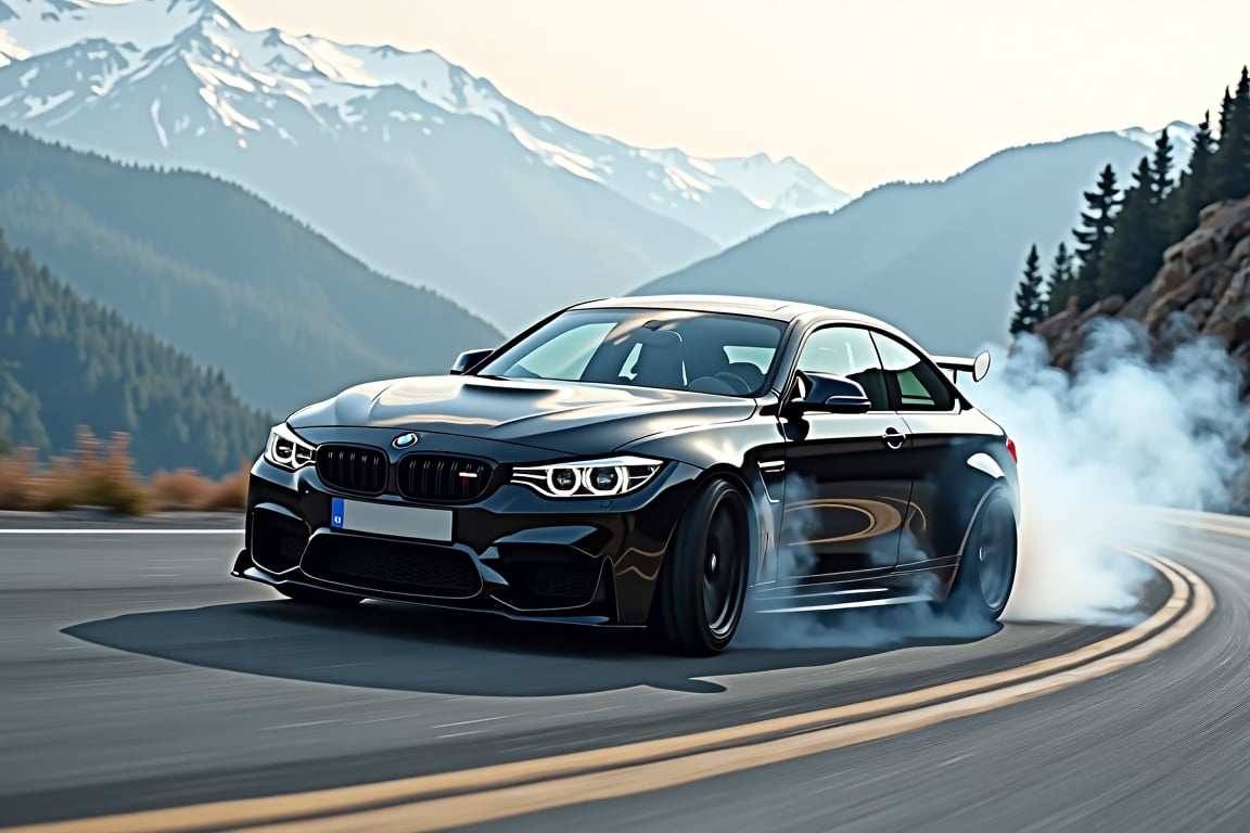 A black BMW M3 drifting around a sharp turn on a mountain road, with a scenic view of the valley below. The car is leaving a trail of smoke behind it,in the style of CNSTLL