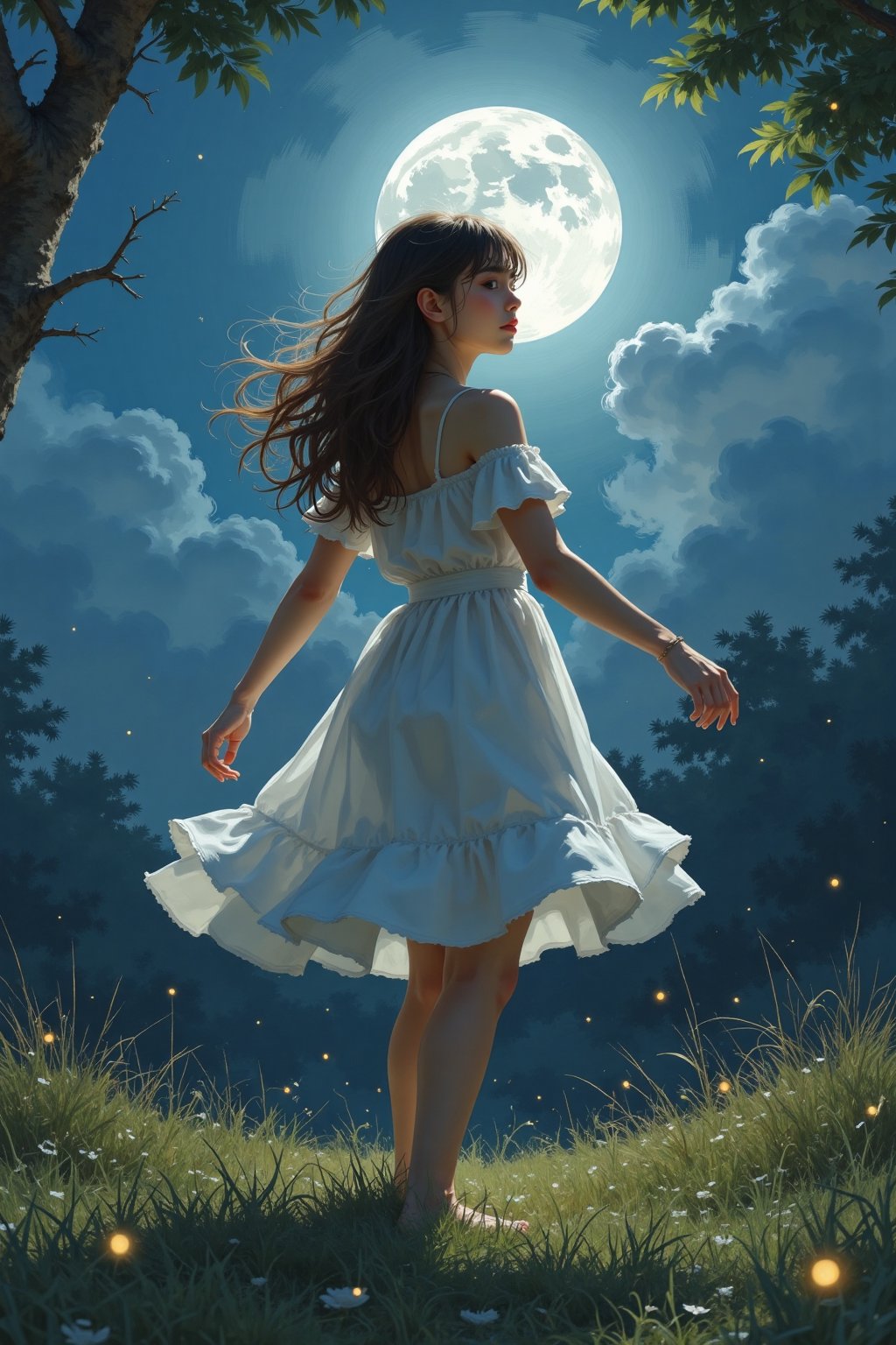 Imagine a girl dancing alone under the full moon in a secluded clearing. Her movements are graceful and fluid, as if she is in perfect harmony with the natural world. The moonlight casts a silvery glow on her, and fireflies dance around her, adding a touch of magic to the scene.